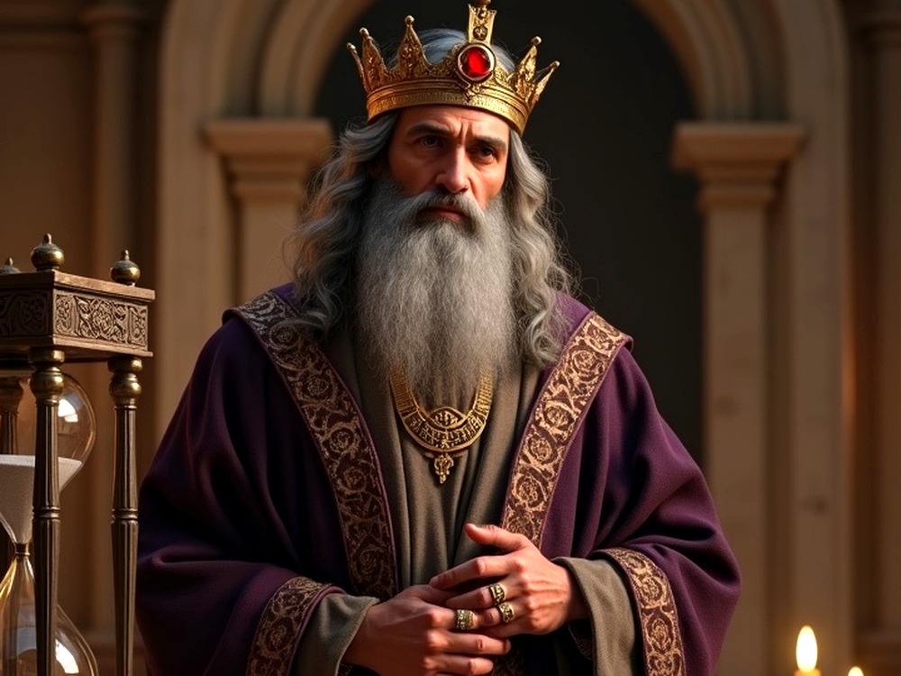 King Solomon facing forward with staff and solemn focus, representing guarded attention and desire